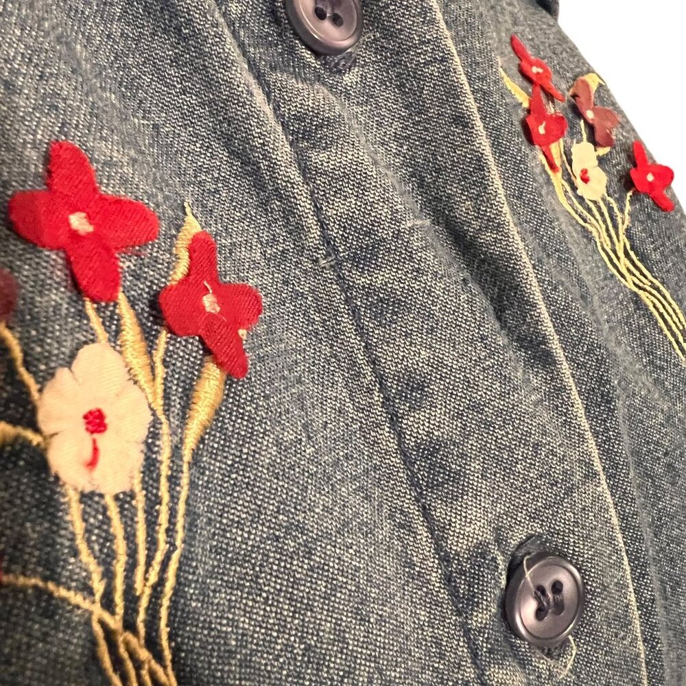 Lemon Grass Denim Shirt Jacket Floral Embroidery Red Plaid Front Panel Petite M - Picture 3 of 14